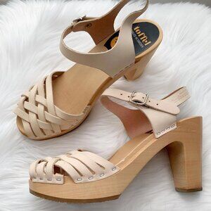 Swedish Hasbeens Braided Sky High Clogs Wood Platform Sandal Shoe buckle, 37